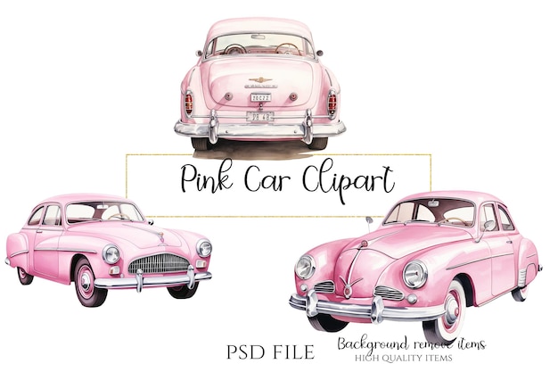 PSD różowy, zabytkowy samochód clipart