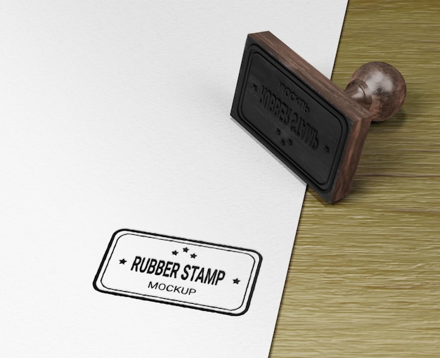 PSD rubber stamp logo mockup on paper with rectangular version