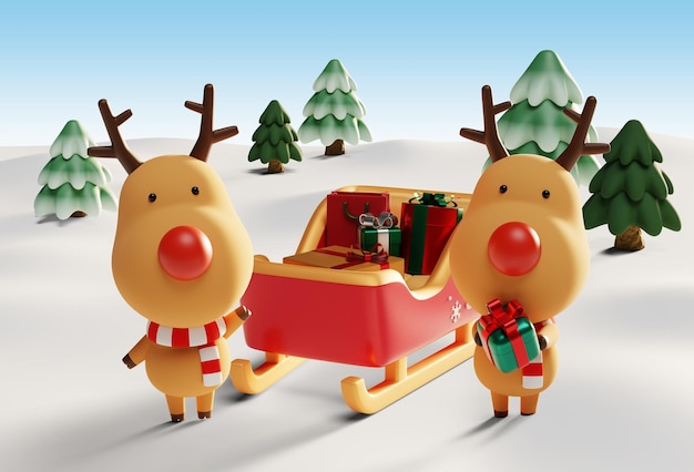 Rudolph met een slee vol geschenken 3D-graphics