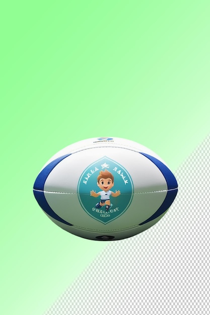 A rugby ball with a picture of a soccer player on it