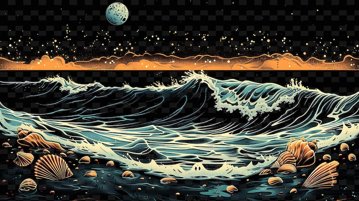 PSD rugged ocean shoreline with crashing waves and with gleaming sea creatures neon color collections