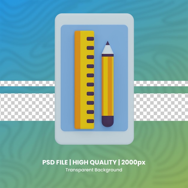 PSD 통치자와 연필 3d 렌더링 그래픽 디자인 3d 렌더링 세트 psd 파일 투명 배경