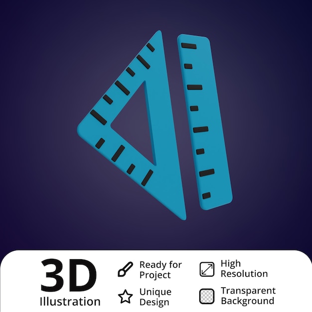 Illustrazione 3d quadrata del righello e dell'insieme