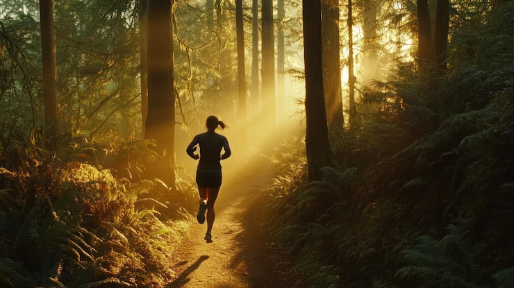 PSD runner jogging through a sunlit forest path