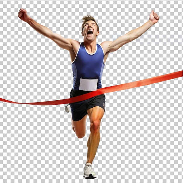 The runner wins by crossing the finish line ribbon on transparent background