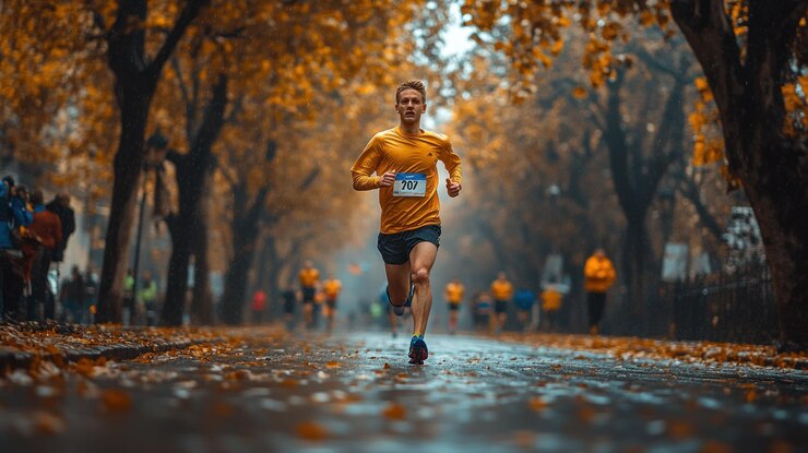 PSD a runner in a yellow shirt races through an autumnal park with fallen leaves and a misty atmosphere