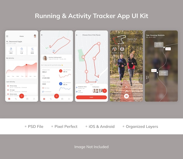 PSD Комплект пользовательского интерфейса приложения для отслеживания бега и активности
