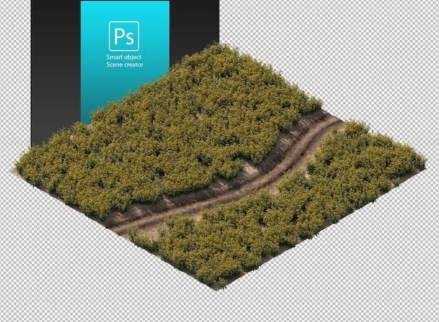 PSD rural road near a green grass field passing along a dirt path muddy road isometric