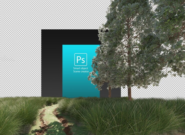 PSD rural road near a green grass field and trees passing along a dirt path muddy road