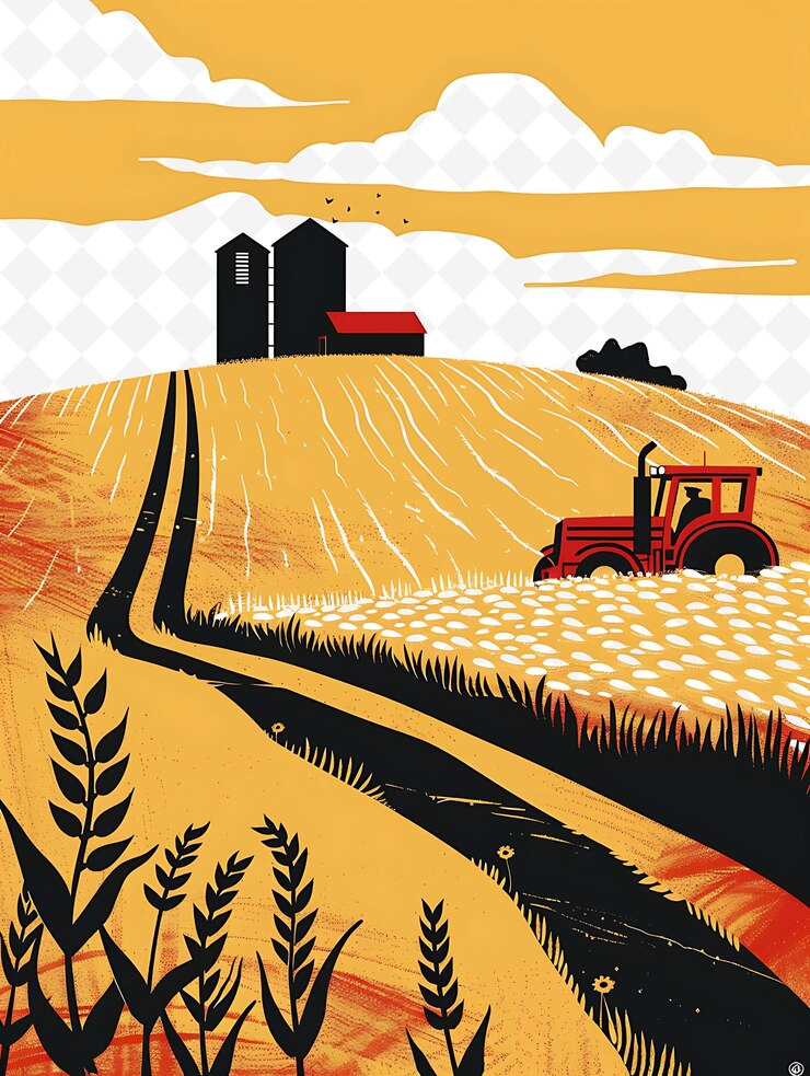 PSD rural setting with a small town rally farm inspired decorati flat illustration poster design