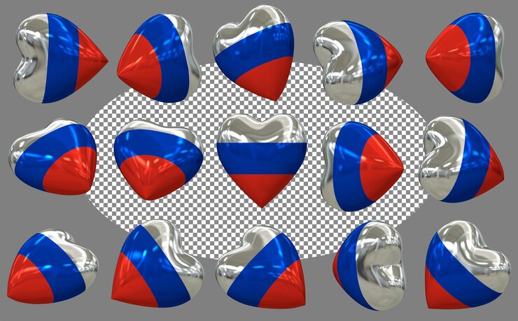 PSD флаг россии 3d сердце изолировано различные позиции 3d рендеринг
