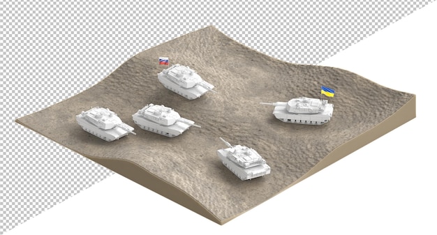 Russian and Ukrainian tanks on a battlefield 3D Rendering