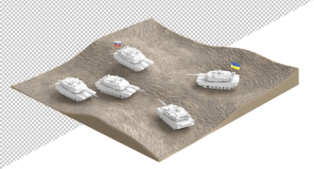 Russian and ukrainian tanks on a battlefield 3d rendering