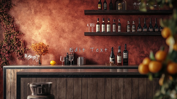 PSD rustic bar interior with shelves bottles and fruit