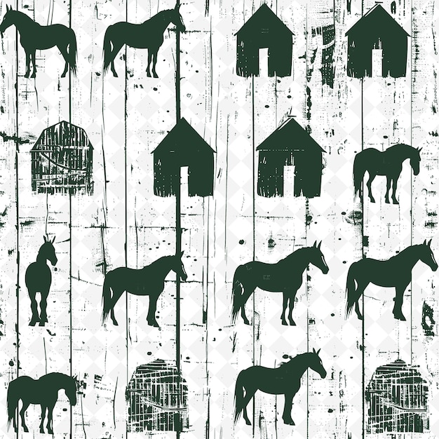 Rustic barn outline with wood plank pattern and horse detai illustration decor motifs collection