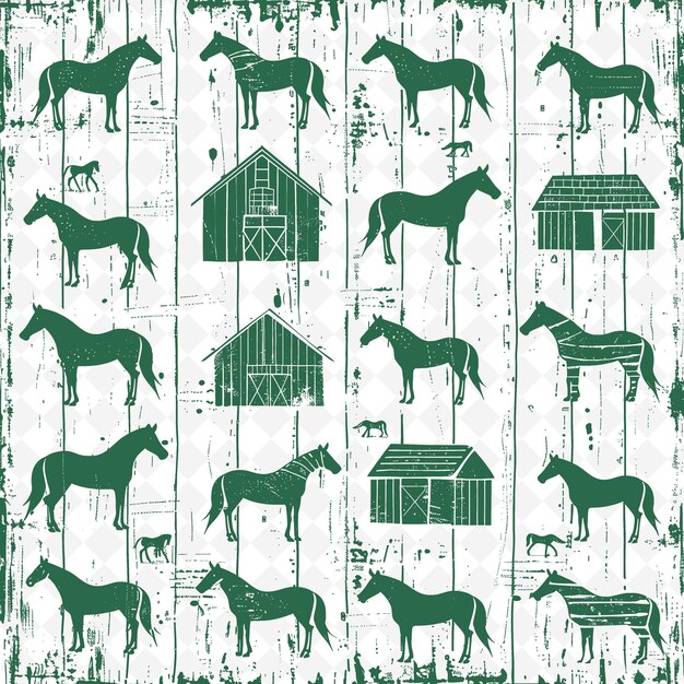 PSD rustic barn outline with wood plank pattern and horse detai illustration decor motifs collection