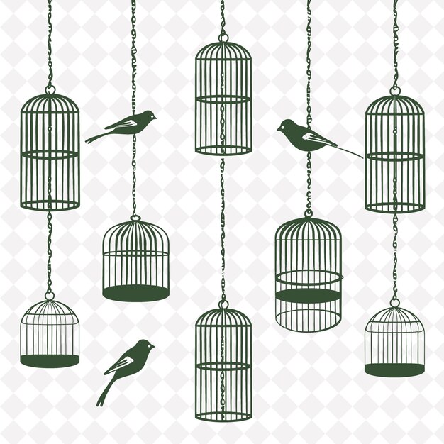 Rustic birdcage folk art met draadpatroon en bir png-motieven kunst op schone achtergrond collectie