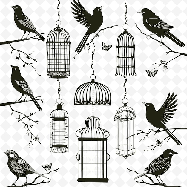 Rustic birdcage outline met draadpatroon en vogeldetails illustratie decor motifs collection