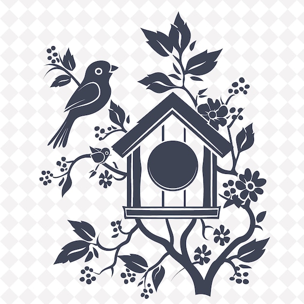 PSD rustic birdhouse folk art with vine pattern and bi png motifs art on clean background collection