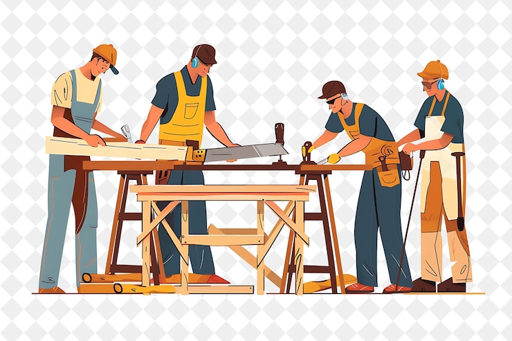 PSD rustic carpenter with characters building and crafting furni png people in daily work illustration
