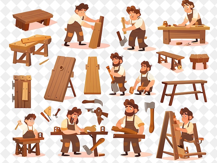 PSD rustic carpenter with characters building and crafting furni png people in daily work illustration