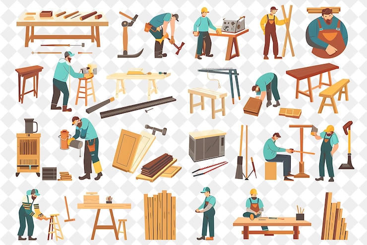 PSD rustic carpenter with characters building and crafting furni png people in daily work illustration