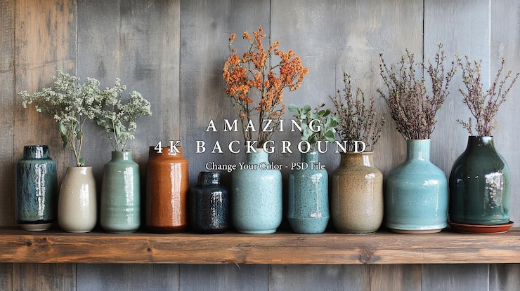 PSD rustic ceramic vase collection with dried flowers