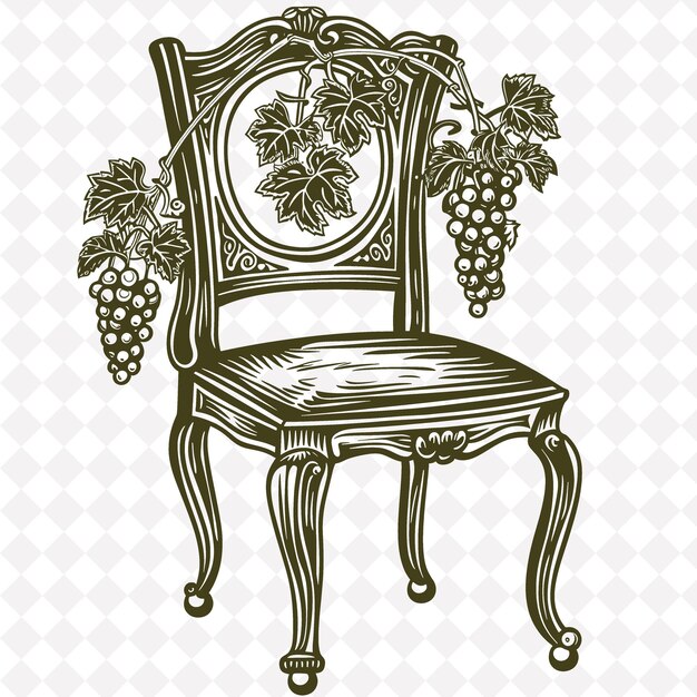 Rustic chair folk art con incisioni di vite e motivi di uva png art on clean background collection