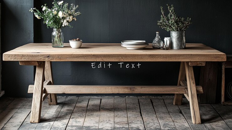 PSD rustic farmhouse wooden dining table with flowers and tableware