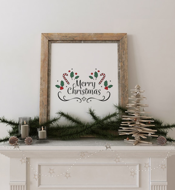 Rustic frame poster mockup with wooden christmas tree and decoration