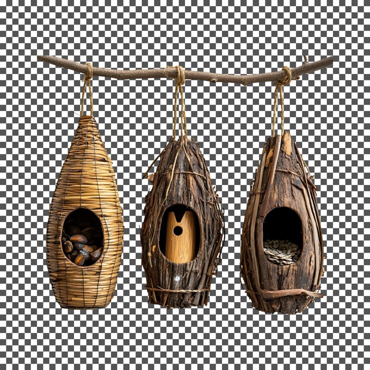 PSD rustic hanging birdhouses isolated on transparent background