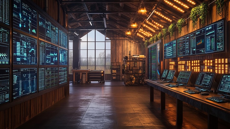 PSD rustic industrial control room with large screens displaying data and server racks