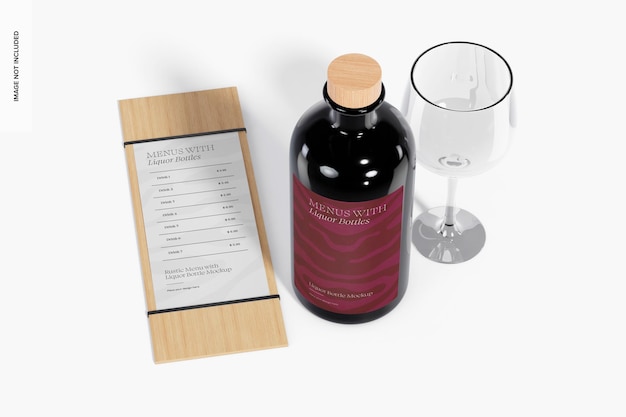 Rustic menu with liquor bottle mockup, high angle view