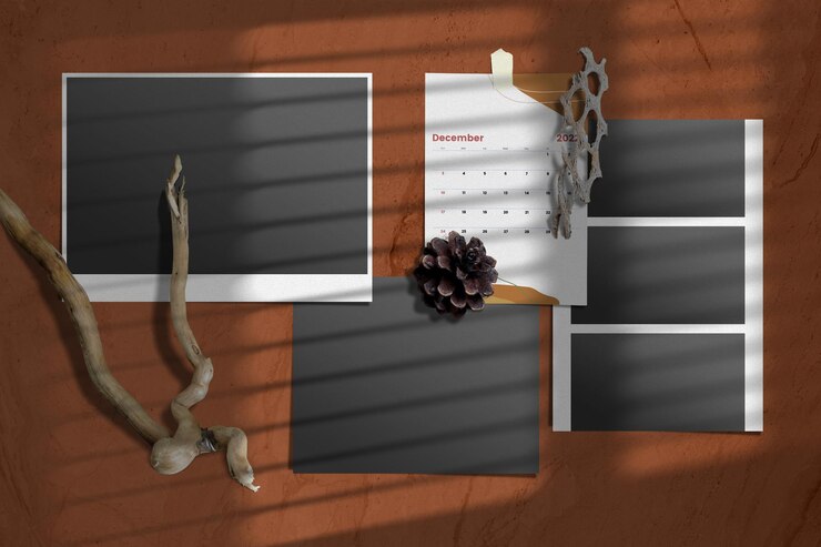 PSD rustic mood board with photo frames and calendar
