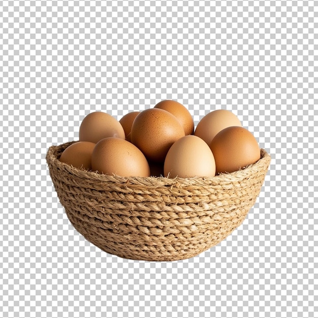 a rustic raffia bowl filled with fresh brown eggs set against a clean white background