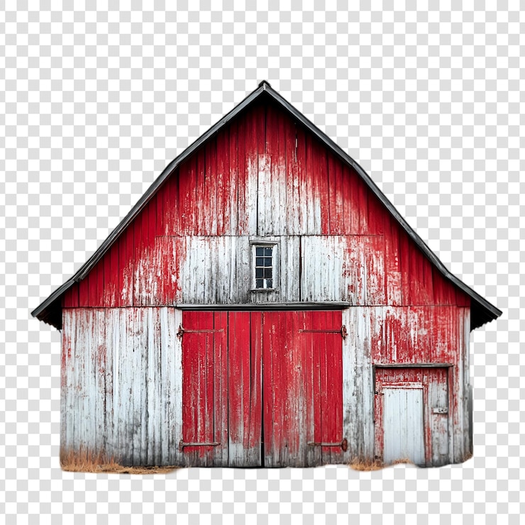 PSD rustic red barn with weathered gray panels on a transparent background