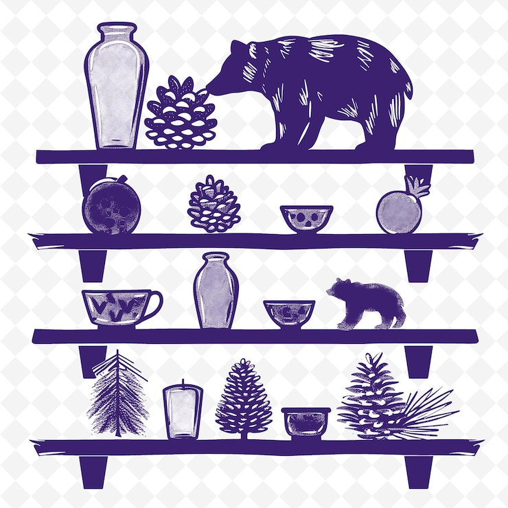PSD rustic style bookshelf outline with bear design and pinecon illustration decor motifs collection