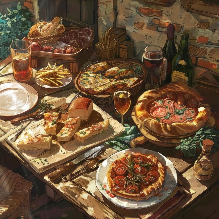 PSD 다양한, 치즈, 피자, 와인으로 가득 찬 시골 테이블