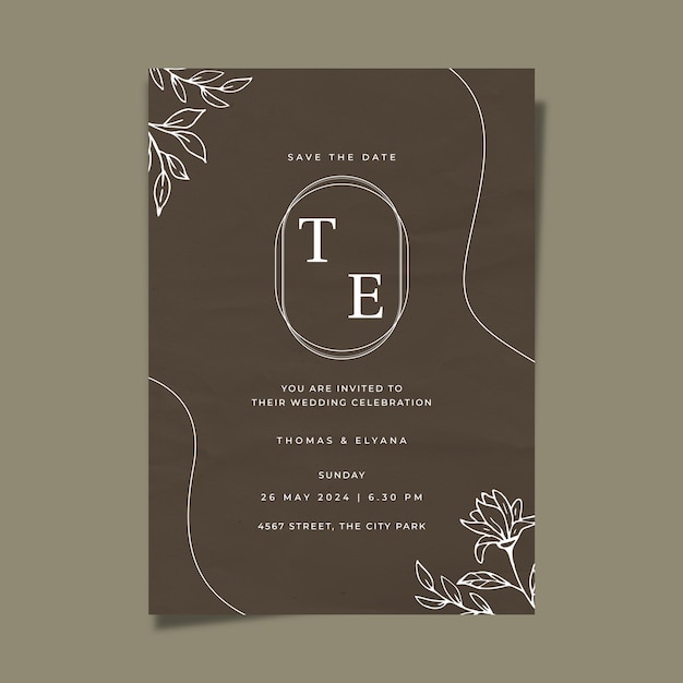 Rustic wedding invitation template hand drawn floral organic leaves on paper texture background