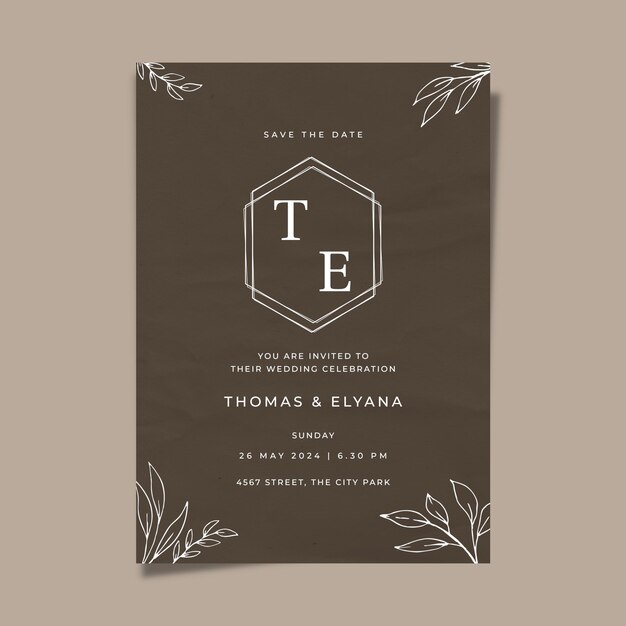 Rustic wedding invitation template hand drawn floral organic leaves on paper texture background