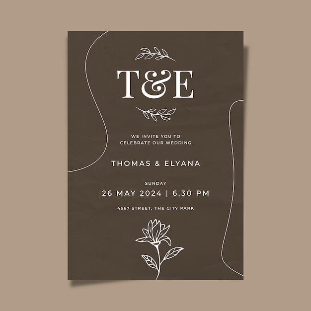 Rustic wedding invitation template hand drawn floral organic leaves on paper texture background