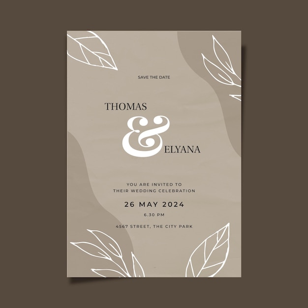 PSD rustic wedding invitation template organic hand drawn leaves