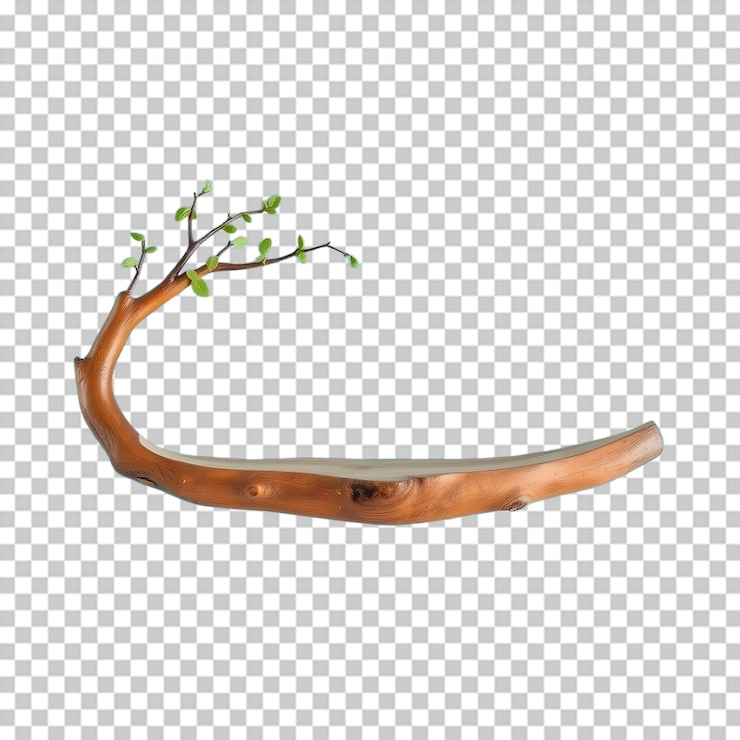 PSD rustic wooden branch shelf with fresh spring foliage