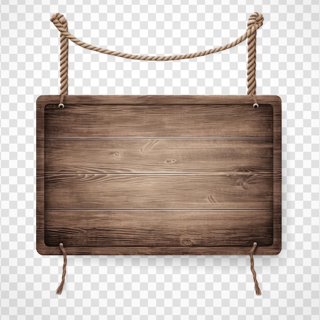 Rustic wooden rectangular sign hanging by ropes realistic white background