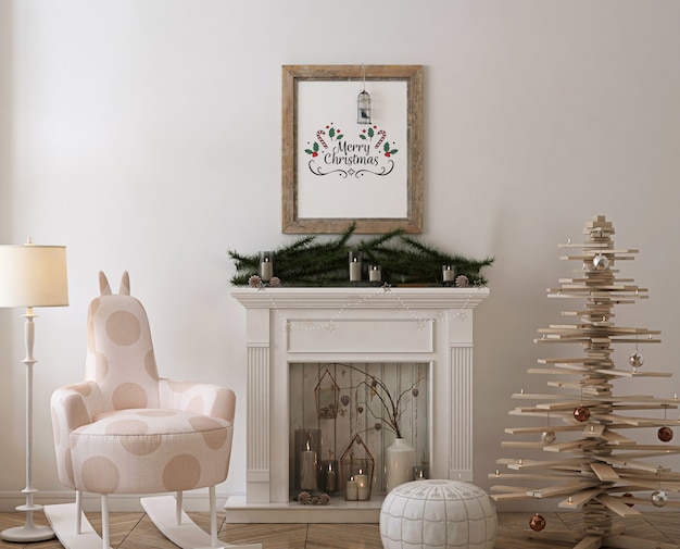 Rustiek posterframe mockup met houten kerstboom, decoratie en cadeautjes