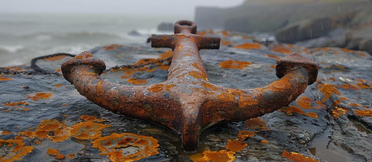 PSD rusty anchor on a rocky shore