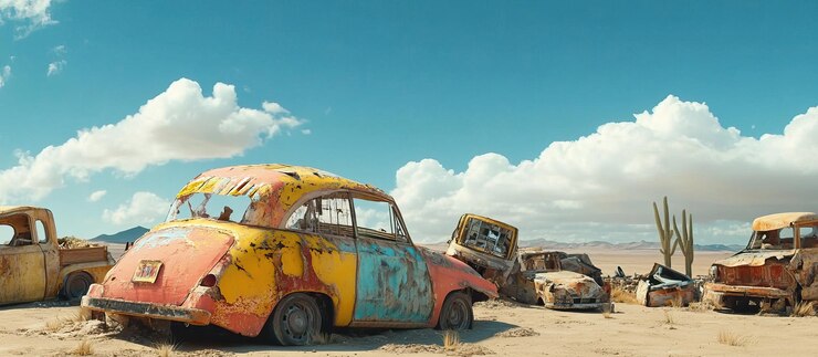PSD rusty cars in a desert landscape