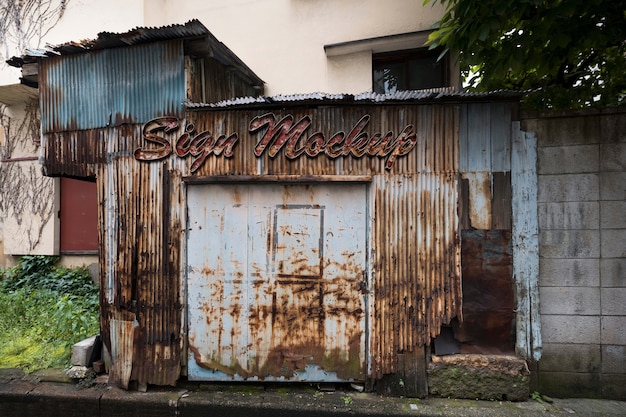 Rusty effect business sign mock-up on warehouse facade