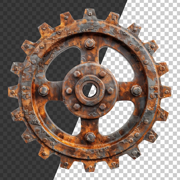 PSD rusty industrial gear with aged metallic texture on transparent background stock png