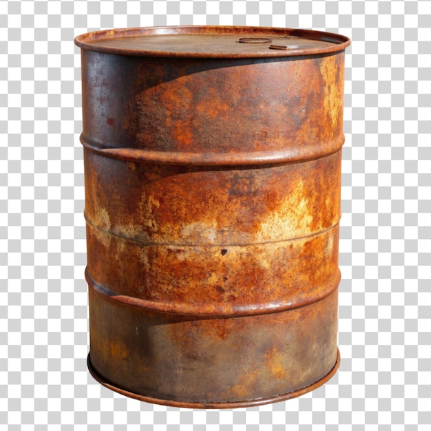 PSD rusty old metal barrel isolated on transparent background